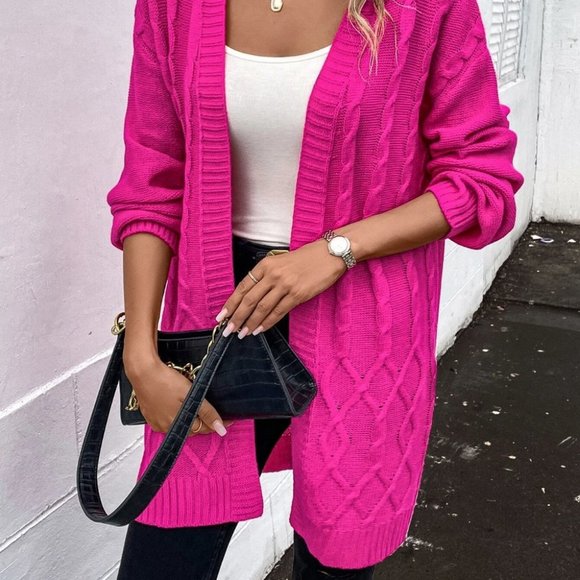 Hot Pink Casual Womens Cable Knit Drop Shoulder Cardigan - Picture 5 of 5